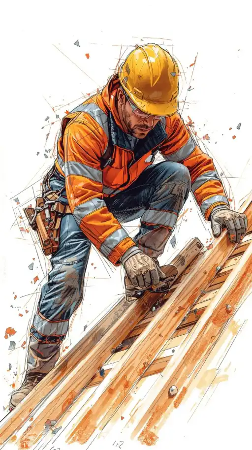 Charpentier sur une toiture en bois, en vêtements haute visibilité et EPI