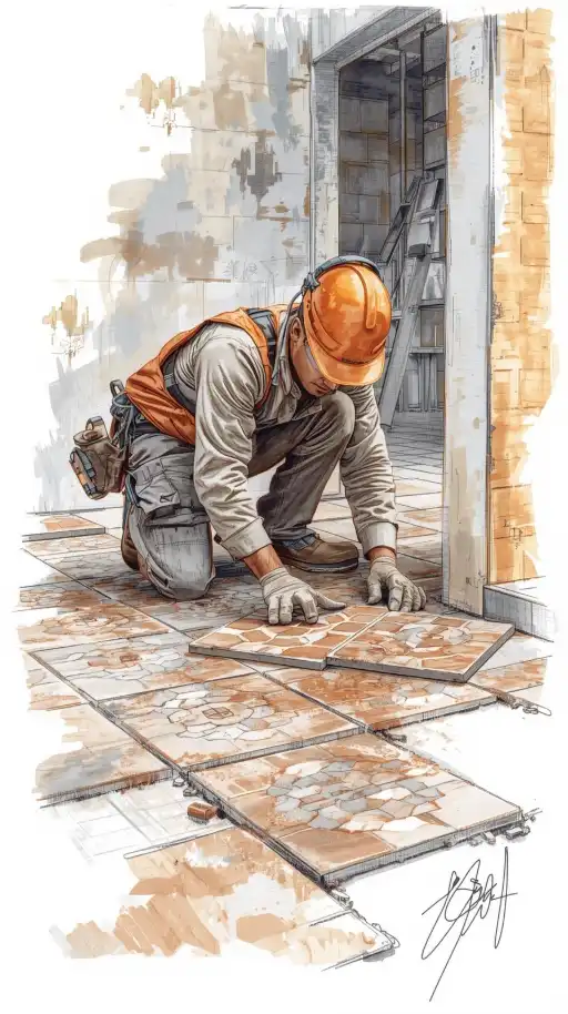 Carreleur posant du carrelage au sol en tenue de travail