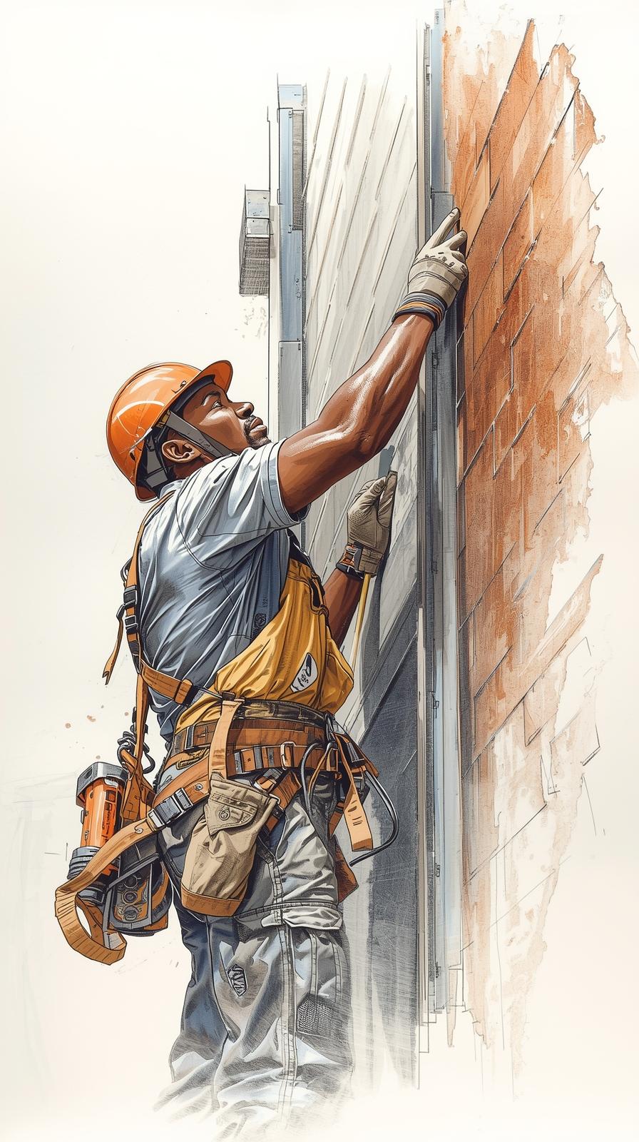 Façadier posant un parement de façade en tenue de travail
